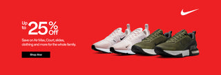 Promotional banner for Nike shoes with discounts on a red background