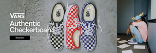 Three Vans shoes in different checkered patterns on a concrete floor with promotional text.