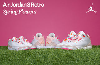Air Jordan 3 Retro Spring Flowers sneakers on grass with pink background