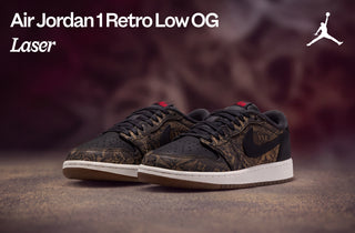 Air Jordan 1 Retro Low OG Laser — black leather with laser-etched detailing, red Air branding, and gum sole