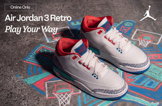 Air Jordan 3 Retro 'Play Your Way' sneakers in white with red and blue accents, displayed on colorful chalk-drawn basketball court art. Online Only