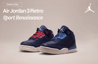 Air Jordan 3 Retro Sport Renaissance sneakers in navy with red and blue laces, online only 