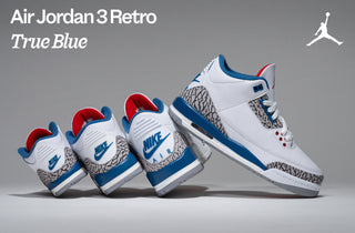 Air Jordan 3 Retro True Blue white, grey, blue shoes with red accents. Shop now