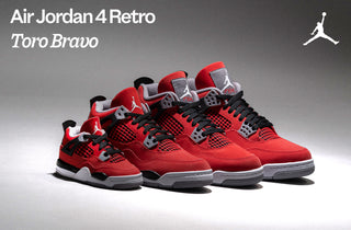 Red and black Air Jordan 4 Retro Toro Bravo sneakers displayed in multiple sizes