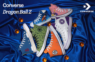 Converse Chuck Taylor All Star Dragon Ball Z collection – six colorways including  Vegeta blue, Cell green, Frieza purple, and Goku orange, displayed on blue satin