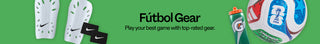 Futbol gear with soccer cleats and ball on a green background
