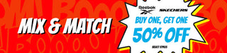 Mix & Match sale banner – Reebok and Skechers Buy One, Get One 50% Off on select styles. Shop Now.