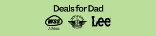 Promotional banner for 'Deals for Dad' featuring Dockers and Lee logos on a green background.