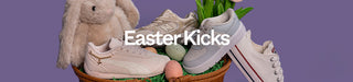 Pair of sneakers with a teddy bear, eggs, and grass on a purple background with 'Easter Kicks' text.