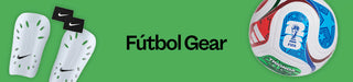 Futbol gear including shin guards and a soccer ball on a green background with 'Fõtbol Gear' text.