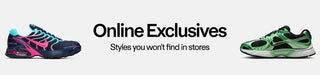 Online Exclusives banner featuring black-and-pink and green sneakers, with styles you won’t find in stores.