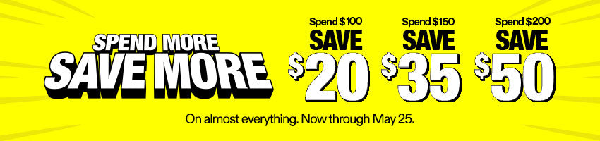 Promotional banner with text 'Spend More, Save More' and savings details on a yellow background.
