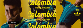 Promotional image of Colombia away jersey with Adidas logo on a yellow background