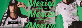 Promotional banner for Mexico away jersey with a person wearing the jersey.