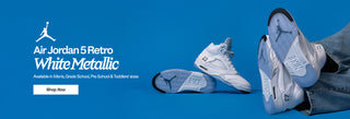 Advertisement for Air Jordan 5 Retro White Metallic shoes on a blue background with 'Shop Now' button.