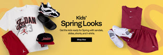 Children's fashion items including a t-shirt, shorts, sneakers, and a dress on a yellow background with promotional text.