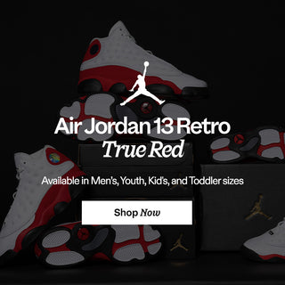 Promotional image of Air Jordan 13 Retro True Red sneakers with a black background.