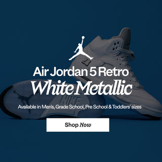 Gray sneaker with 'Air Jordan 5 Retro White Metallic' text on a dark blue background