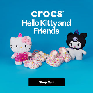 Crocs Hello Kitty and Friends toys on a blue background with 'Shop Now' button.