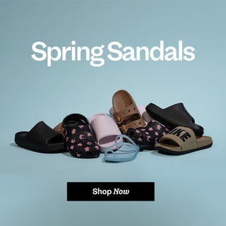 Collection of spring sandals on a light blue background with 'Shop Now' button.