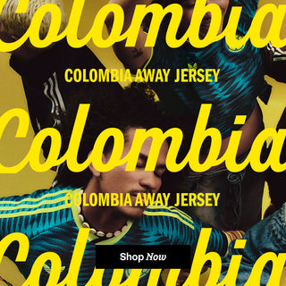 Promotional graphic for Colombia away jersey with text overlay and soccer player in background.