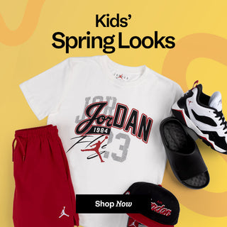 Children's fashion items including a t-shirt, shorts, sneakers, and cap on a yellow background with 'Kids' Spring Looks' text.