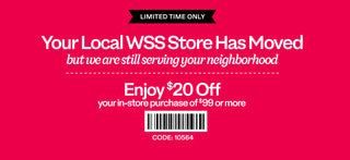 Red promotional banner for WSS store relocation with a $20 off offer.