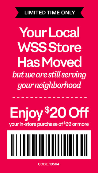 Red promotional flyer for WSS Store with text and barcode on a red background