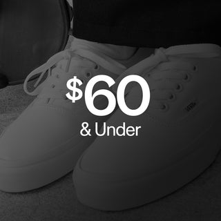 Close-up of white sneakers with “shop $60 & Under” text.