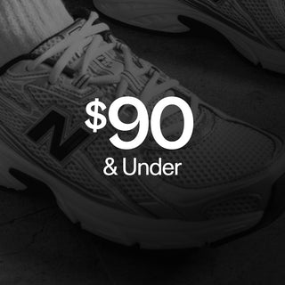 Close-up of a textured New Balance athletic sneaker with “shop $90 & Under” text.