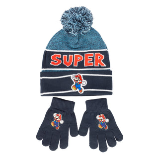 Kids Super Mario Striped Pom Beanie & Glove Set