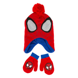 Conjunto de gorro y manoplas con orejeras y pompón de Spiderman para niños pequeños